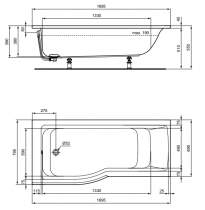 Baignoire bain-douche asymétrique Connect 170x80cm Blanc - PORCHER Réf. E113401