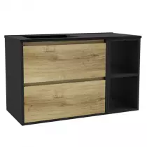 Caisson meuble Birdie 100cm 2 tiroirs + 2 niches Noir mat / Chêne doré - Vasque en option - OZE Réf. CAIS-BIRDIE1000NM
