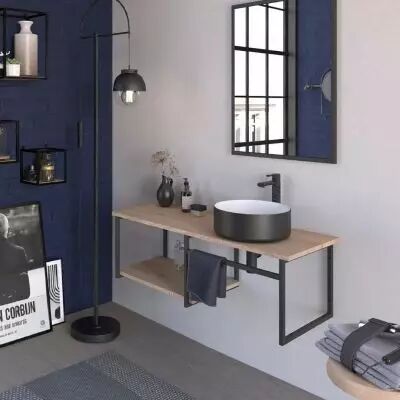 Console Atelier L100 + barre porte-serviettes - D�cor bois / Noir mat - DECOTEC R�f. 1821311