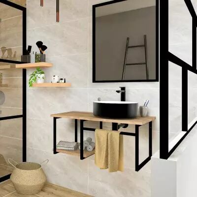 Console Atelier L80 + barre porte-serviettes - D�cor bois / Noir mat - DECOTEC 
