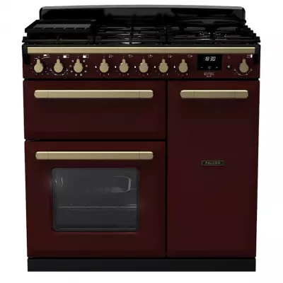 Cuisini�re 100cm Falcon Estel Deluxe Bordeaux laiton antique ESDL100DFPBOR/AB-E1 3 fours �lectriques / 5 foyers gaz