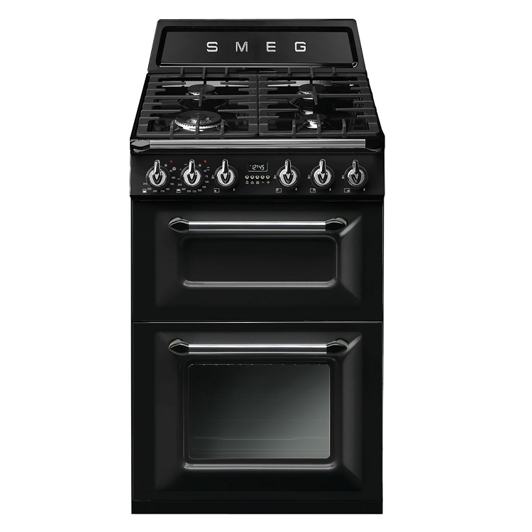 Cuisinière 60cm Victoria 2 fours électriques 68+41l / 4 brûleurs gaz Noir -  SMEG Elite Réf. TR62BL