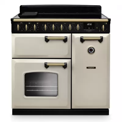 Cuisini�re 90cm Falcon Classic Deluxe NGC Cr�me pastel laiton antique CLDL90EIPPCR/AB-E1 3 fours �lectriques /5 foyers induction