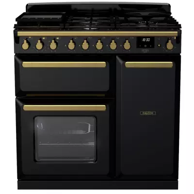 Cuisini�re 90cm Falcon Estel Deluxe Noir brillant laiton antique ESDL90DFPGBL/AB-E1 3 fours �lectriques / 5 foyers gaz