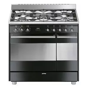 Cuisini�re Classique 90 cm four catalyse 72l + four �mail 35l / 5 br�leurs gaz Inox / Noir Brillant - SMEG R�f. SCB92MN8