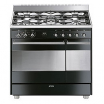 Cuisinière Classique 90 cm four catalyse 72l + four émail 35l / 5 brûleurs gaz Inox / Noir Brillant - SMEG Réf. SCB92MN8