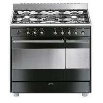 Cuisinière Classique 90 cm four pyrolyse 72l + four émail 35l / 5 brûleurs gaz Inox / Noir Brillant - SMEG Réf. SCB92PN8