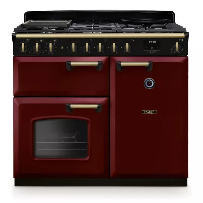 Cuisini�re mixte 100cm Falcon Classic Deluxe NGC Bordeaux laiton antique CLDL100DFPBOR/AB-E1 3 fours �lectriques / 5 foyers gaz