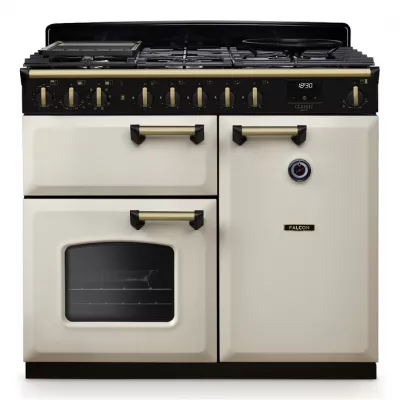 Cuisini�re mixte 100cm Falcon Classic Deluxe NGC Cr�me pastel laiton antique CLDL100DFPPCR/AB-E1 3 fours �lectriques 5 gaz