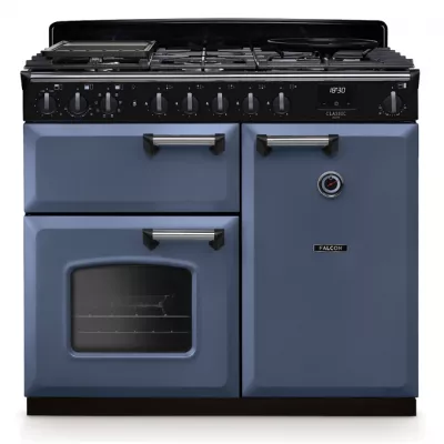 Cuisini�re mixte 100cm Falcon Classic Deluxe NGC Roche bleue chrom� CLDL100DFPSTB/CM-E1 3 fours �lectriques / 5 foyers gaz