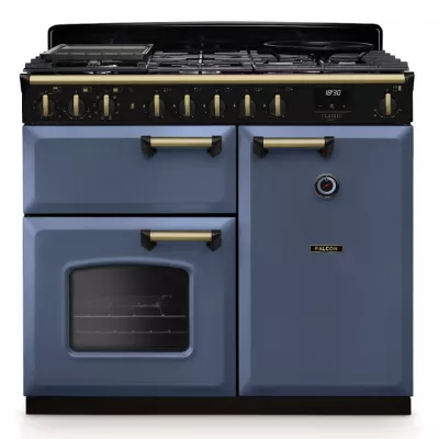 Cuisini�re mixte 100cm Falcon Classic Deluxe NGC Roche bleue laiton antique CLDL100DFPSTB/AB-E1 3 fours �lectriques 5 foyers gaz