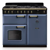 Cuisini&egrave;re mixte 100cm Falcon Classic Deluxe NGC Roche bleue laiton antique CLDL100DFPSTB/AB-E1 3 fours &eacute;lectriques 5 foyers gaz