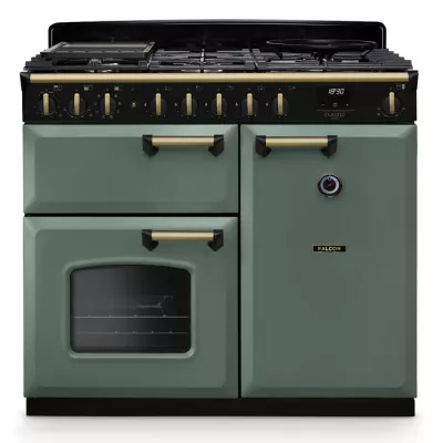 Cuisini�re mixte 100cm Falcon Classic Deluxe NGC Vert min�ral laiton antique CLDL100DFPMGR/AB-E1 3 fours �lectriques 5foyers gaz