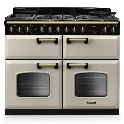 Cuisini�re mixte 110cm Falcon Classic Deluxe NGC Cr�me pastel laiton antique CLDLB110DFPPCR/AB-E1 3 fours / 5 foyers gaz 2 vitro