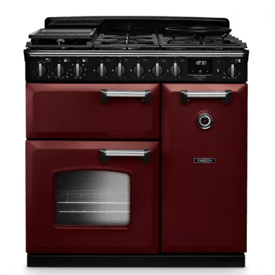 Cuisini�re mixte 90cm Falcon Classic Deluxe NGC Bordeaux chrom� CLDL90DFPBOR/CM-E1 3 fours �lectriques / 5 foyers gaz