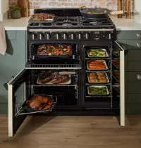 Cuisini&egrave;re mixte 90cm Falcon Classic Deluxe NGC Bordeaux laiton antique CLDL90DFPBOR/AB-E1 3 fours &eacute;lectriques / 5 foyers gaz