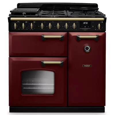 Cuisini�re mixte 90cm Falcon Classic Deluxe NGC Bordeaux laiton antique CLDL90DFPBOR/AB-E1 3 fours �lectriques / 5 foyers gaz