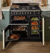 Cuisini&egrave;re mixte 90cm Falcon Classic Deluxe NGC Bordeaux laiton antique CLDL90DFPBOR/AB-E1 3 fours &eacute;lectriques / 5 foyers gaz