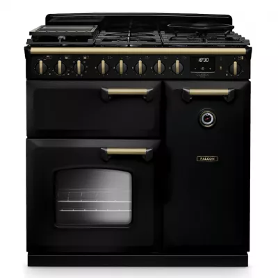Cuisini�re mixte 90cm Falcon Classic Deluxe NGC Charbon laiton antique CLDL90DFPCBL/AB-E1 3 fours �lectriques / 5 foyers gaz
