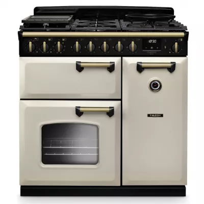 Cuisini�re mixte 90cm Falcon Classic Deluxe NGC Cr�me pastel laiton antique CLDL90DFPPCR/AB-E1 3 fours �lectriques 5 foyers gaz