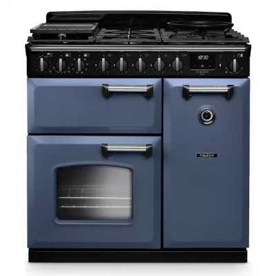 Cuisini�re mixte 90cm Falcon Classic Deluxe NGC Roche bleue chrom� CLDL90DFPSTB/CM-E1 3 fours �lectriques / 5 foyers gaz