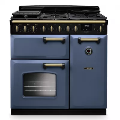 Cuisini�re mixte 90cm Falcon Classic Deluxe NGC Roche bleue laiton antique CLDL90DFPSTB/AB-E1 3 fours �lectriques / 5 foyers gaz