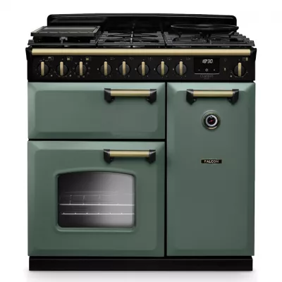 Cuisini�re mixte 90cm Falcon Classic Deluxe NGC Vert min�ral laiton antique CLDL90DFPMGR/AB-E1 3 fours �lectriques / 5 foyers ga