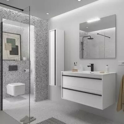Ensemble ATTILA 101cm meuble 2 tiroirs Blanc satin� + vasque (miroir & pieds en option) - Salgar R�f. 104823