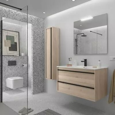 Ensemble ATTILA 101cm meuble 2 tiroirs Ch�ne naturel + vasque (miroir en option) - Salgar R�f. 104828