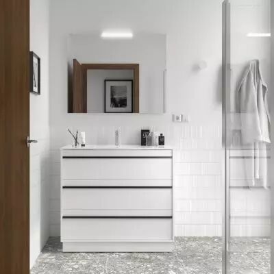 Ensemble ATTILA 101cm meuble 3 tiroirs Blanc satin� + vasque (miroir en option) - Salgar R�f. 105152
