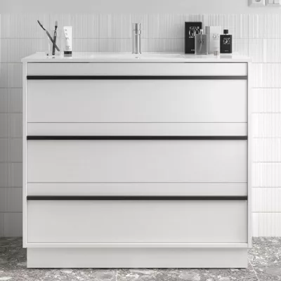 Ensemble ATTILA 101cm meuble 3 tiroirs Blanc satin� + vasque (miroir en option)- SALGAR R�f. 105120