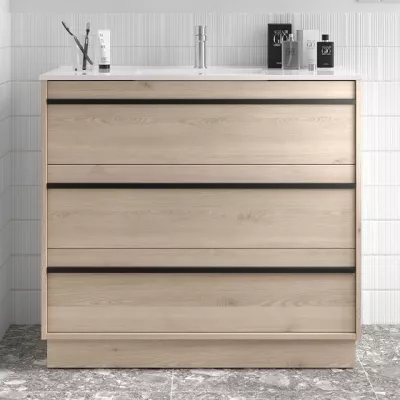 Ensemble ATTILA 101cm meuble 3 tiroirs Ch�ne naturel + vasque (miroir en option)  - SALGAR R�f. 105125