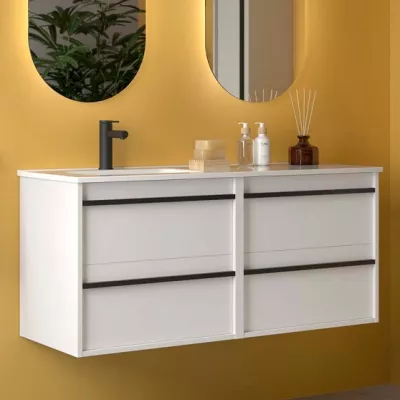 Ensemble ATTILA 121cm Blanc satin� meuble 4 tiroirs + vasque avec plan � droite (miroir en option)  - SALGAR R�f. 118679