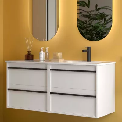 Ensemble ATTILA 121cm Blanc satin� meuble 4 tiroirs + vasque avec plan � gauche (miroir en option) - SALGAR R�f. 118688
