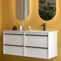 Ensemble ATTILA 121cm Blanc satin&eacute; meuble 4 tiroirs + vasque avec plan &agrave; gauche (miroir en option) - SALGAR R&eacute;f. 118688