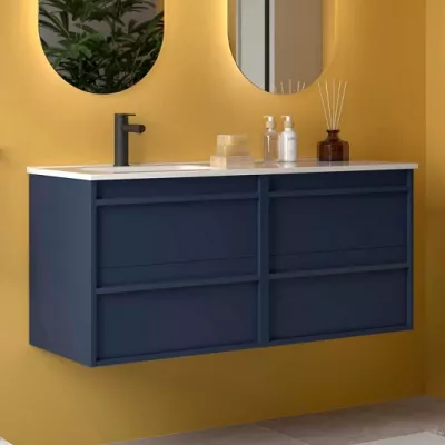 Ensemble ATTILA 121cm Bleu satin� meuble 4 tiroirs + vasque avec plan � droite (miroir en option)  - SALGAR R�f. 118681
