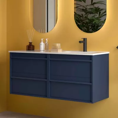 Ensemble ATTILA 121cm Bleu satin� meuble 4 tiroirs + vasque avec plan � gauche (miroir en option) - SALGAR R�f. 118690