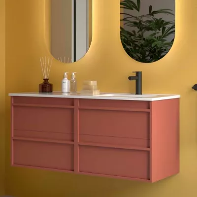 Ensemble ATTILA 121cm Rouge satin� meuble 4 tiroirs + vasque avec plan � gauche (miroir en option) - SALGAR R�f. 118692