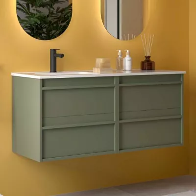 Ensemble ATTILA 121cm Vert satin� meuble 4 tiroirs + vasque avec plan � droite (miroir en option) - SALGAR R�f. 118682