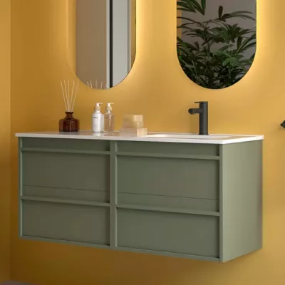 Ensemble ATTILA 121cm Vert satin� meuble 4 tiroirs + vasque avec plan � gauche (miroir en option)  - SALGAR R�f. 118691
