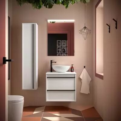 Ensemble ATTILA 60cm meuble 2 tiroirs Blanc satin� + plan (vasque & miroir en option) - Salgar R�f. 104938