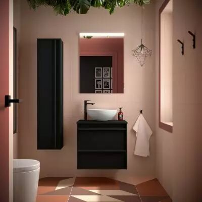 Ensemble ATTILA 60cm meuble 2 tiroirs Noir satin� + plan (vasque & miroir en option) - Salgar R�f. 104939