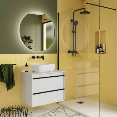 Ensemble ATTILA 70cm meuble 2 tiroirs Blanc satin� + plan (vasque & miroir en option) - Salgar R�f. 104946