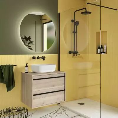 Ensemble ATTILA 70cm meuble 2 tiroirs Ch�ne naturel + plan (vasque & miroir en option) - Salgar R�f. 104951