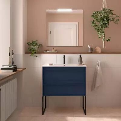 Ensemble ATTILA 81cm meuble 2 tiroirs Bleu satin� + vasque (miroir & pieds en option) - Salgar R�f. 104757