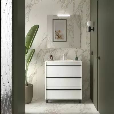 Ensemble ATTILA 81cm meuble 3 tiroirs Blanc satin� + vasque (miroir en option) - Salgar R�f. 105144