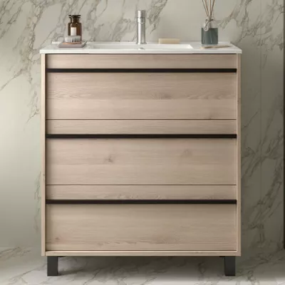 Ensemble ATTILA 81cm meuble 3 tiroirs Ch�ne naturel + vasque (miroir en option)  - SALGAR R�f. 105117