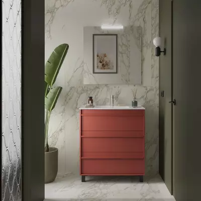 Ensemble ATTILA 81cm meuble 3 tiroirs Rouge satin� + vasque (miroir en option) - Salgar R�f. 105148