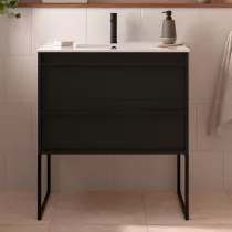 Ensemble ATTILA 81cm Noir satin&eacute; meuble 2 tiroirs + vasque (miroir en option)  - SALGAR R&eacute;f. 104716
