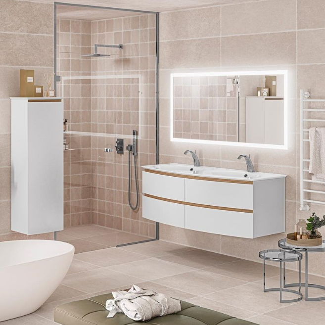 Ensemble salle de bain, meuble suspendu+colonne+double vasque